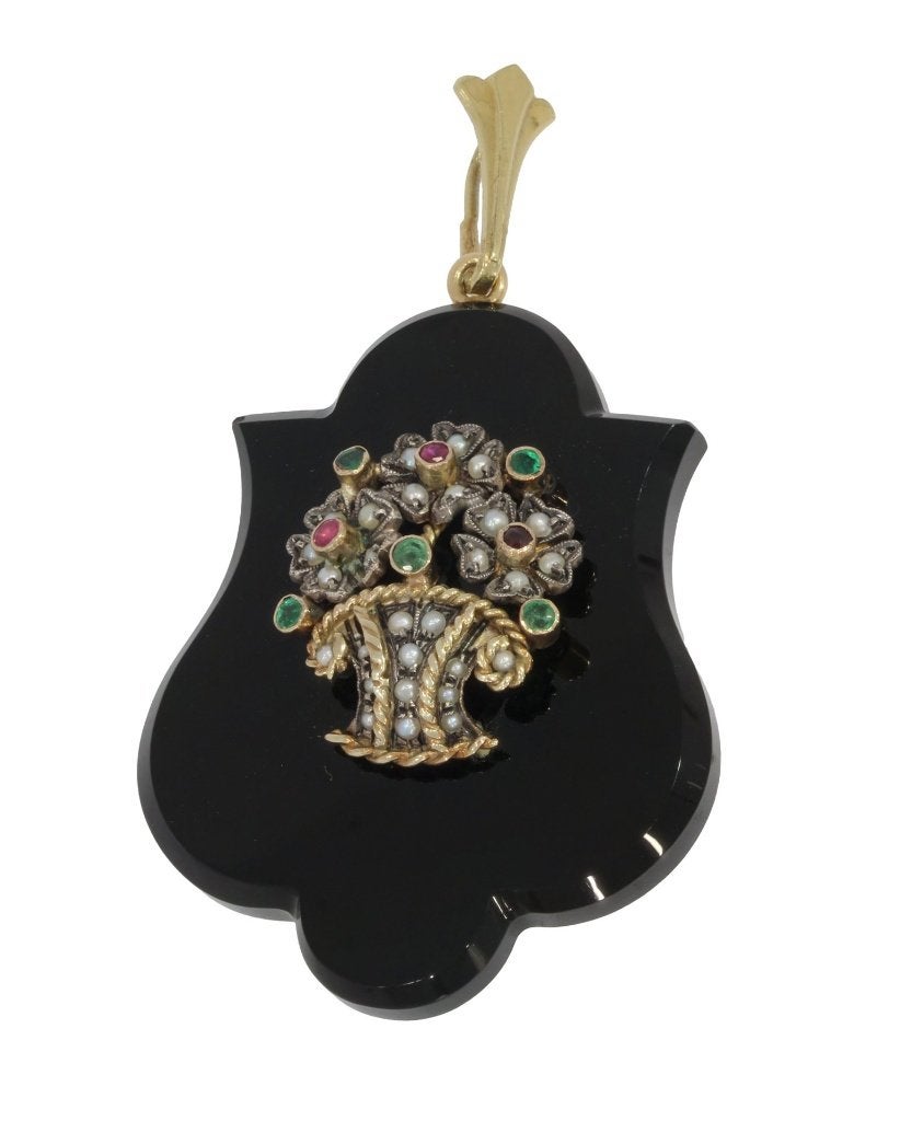 Bloemenmand onyx schild 14k grote hanger schild ketting dame, Voordeelsieraden, Ophalen of Verzenden, Zo goed als nieuw, Info@voordeelsieraden.nl