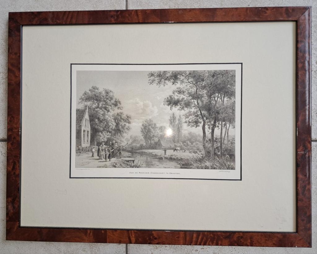 Noorderdwarsvaart Drachten ingelijste litho, Antiek en Kunst, Kunst | Etsen en Gravures, Verzenden