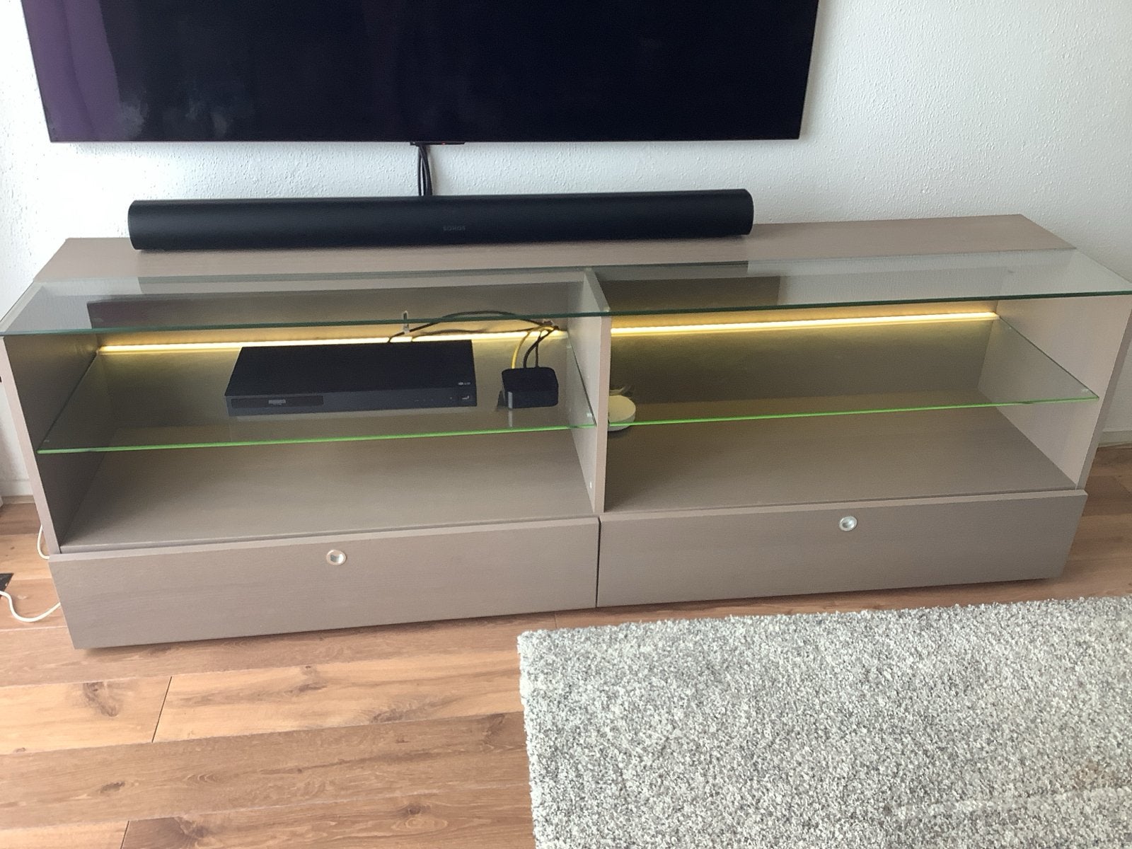 Ikea TV-meubel met glazen planken en lades, Huis en Inrichting, Kasten | Televisiemeubels, Ophalen, Gebruikt, 150 tot 200 cm, Glas