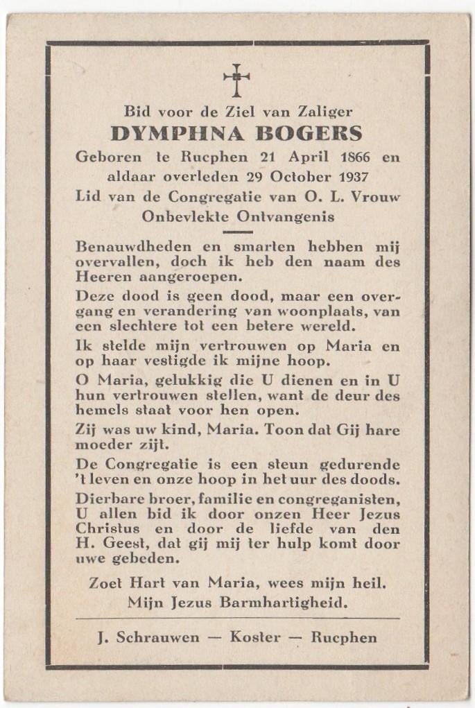 Dymphna Bogers 1866 Rucphen + 1937 Rucphen, 71 jaar, Verzenden
