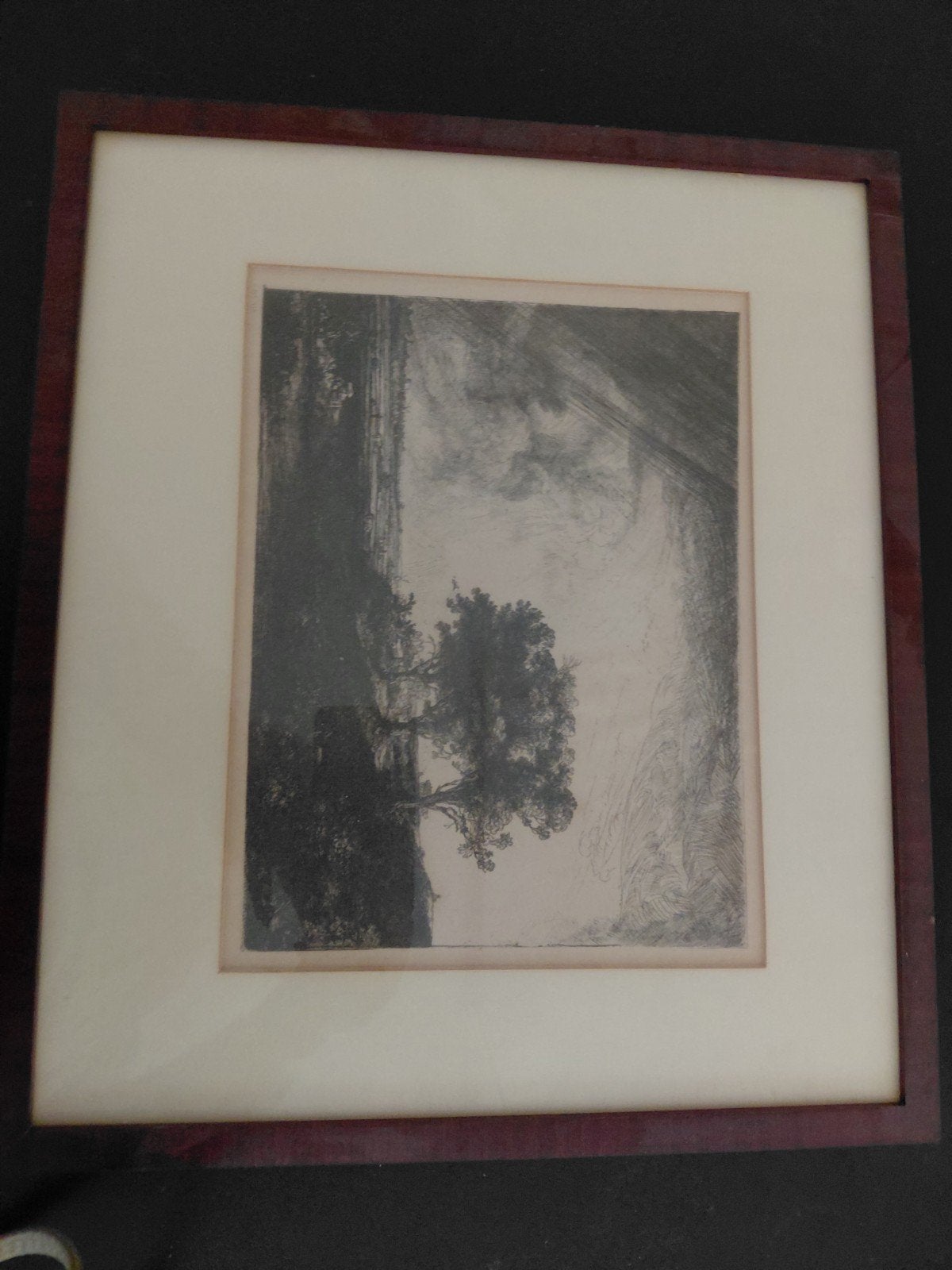 Antieke Ets: Mysterieus Landschap met Boom, Ingelijst, 1800 - 1899, Ets, Ophalen of Verzenden