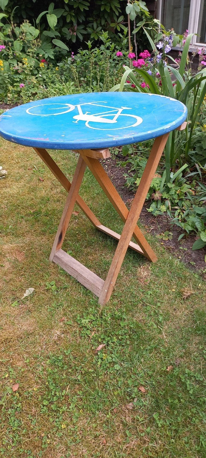 Tuintafeltje, fietsbord., Tuin en Terras, Ophalen of Verzenden, Rond, Hout