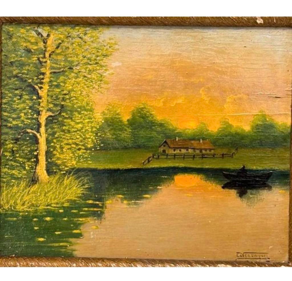 EDVER SWYVEL - Schilderij landschaps scène zonsondergang, Antiek en Kunst, Kunst | Schilderijen | Klassiek, Ophalen of Verzenden