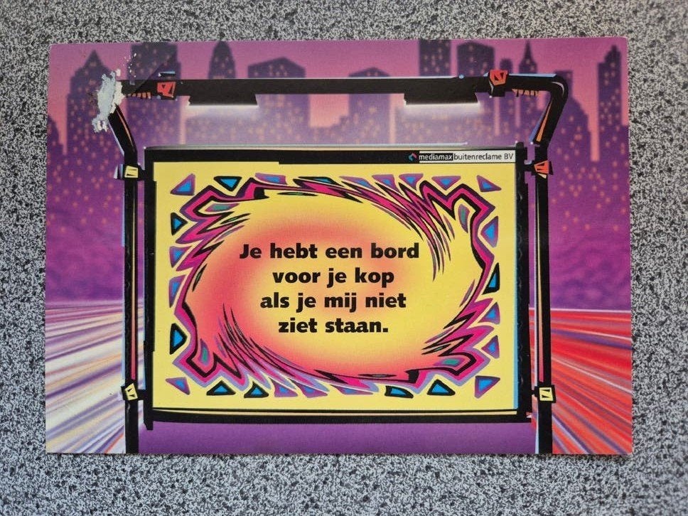Boomerang Kaart: Je hebt een bord voor je kop, Verzamelen, Ansichtkaarten | Nederland, Ophalen of Verzenden, 1980 tot heden, Ongelopen