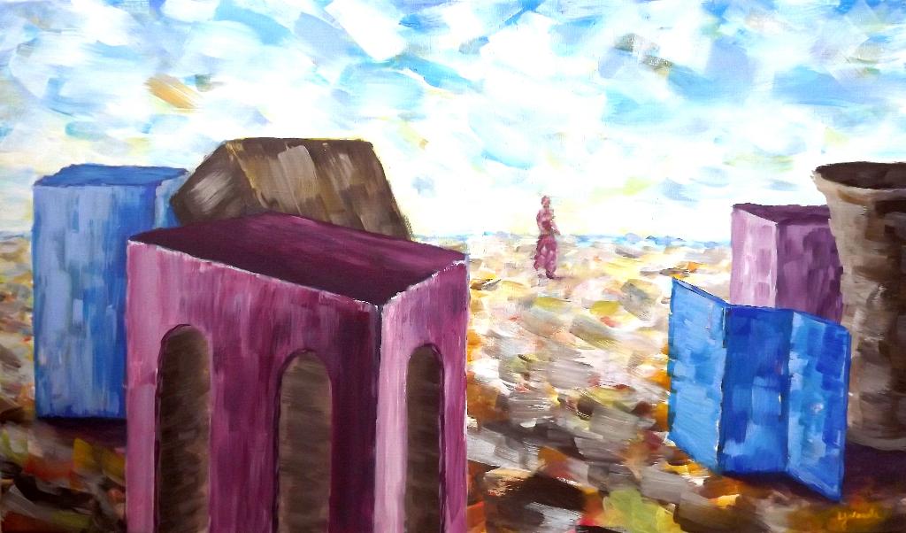 schilderij Woman walking 70 x 120 cm op Linnen doek, Antiek en Kunst, Kunst | Schilderijen | Abstract, Ophalen of Verzenden