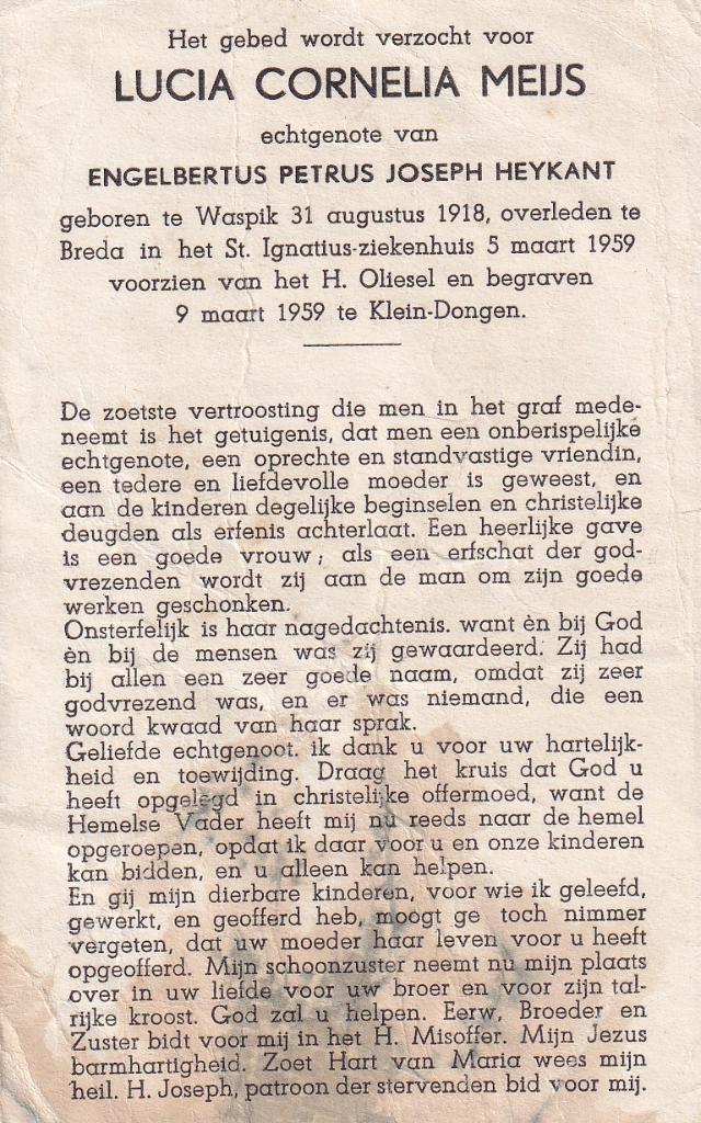 Meijs Lucia 1918 Waspik 1959  Breda, Ophalen of Verzenden, Bidprentje