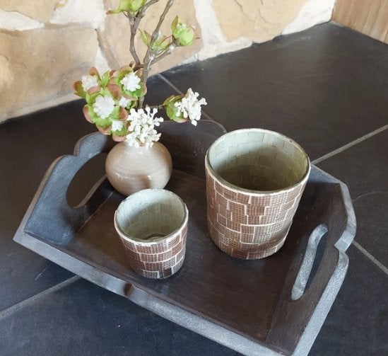 Set theelichthouder / waxinelicht + vaasje met dienblad, Ophalen of Verzenden, Gebruikt, Beige, Hout