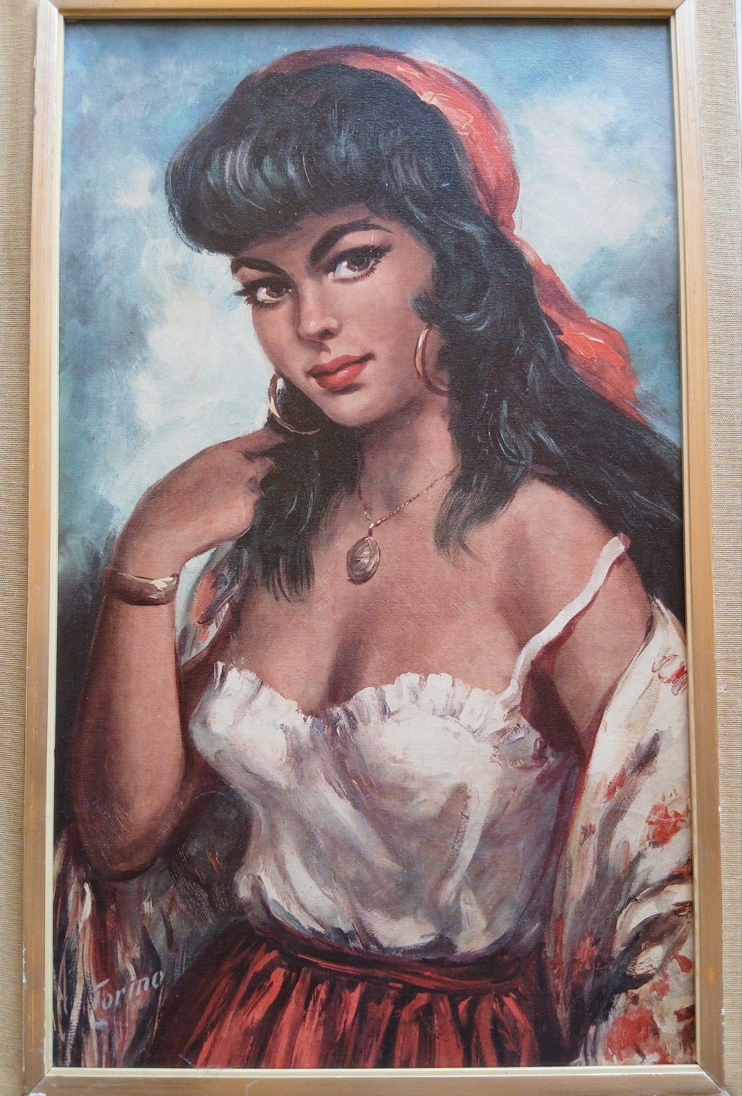 Schilderij van een zigeunervrouw, gesigneerd 'Torino', Ophalen of Verzenden