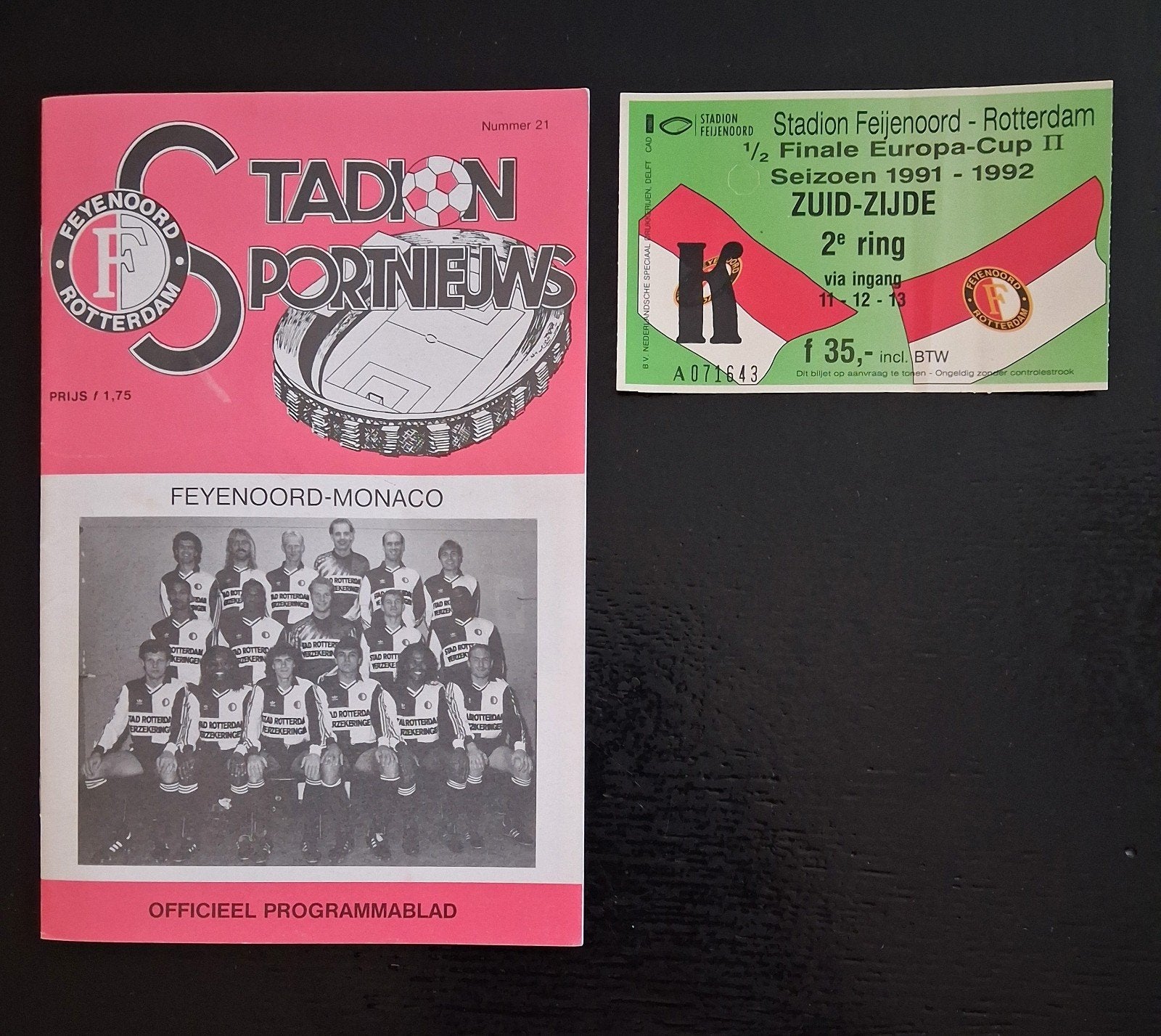 Programma/ticket Feyenoord-Monaco 1/2 Finale EC II 1991/1992, Verzamelen, Ophalen of Verzenden, Gebruikt, Feyenoord