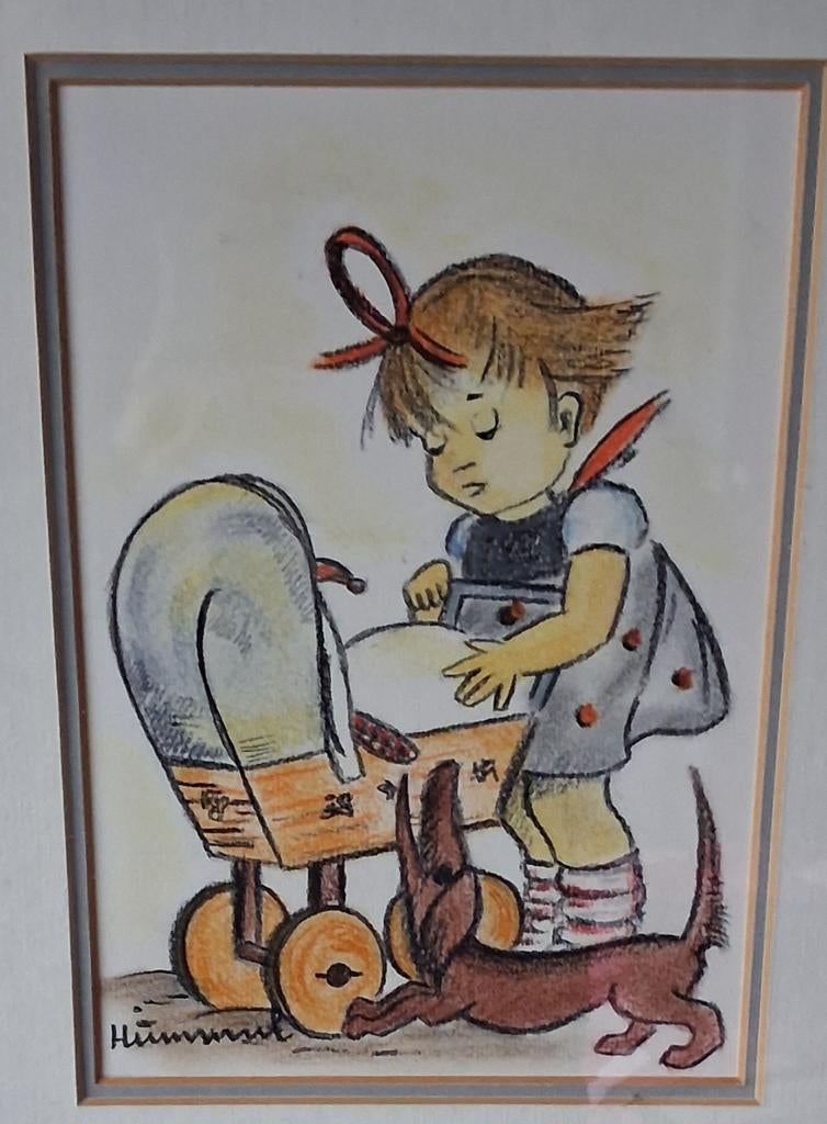 HUMMEL. Originele tekening.  Sign. 30/37 cm., Ophalen, Minder dan 50 cm, Zo goed als nieuw, Minder dan 50 cm