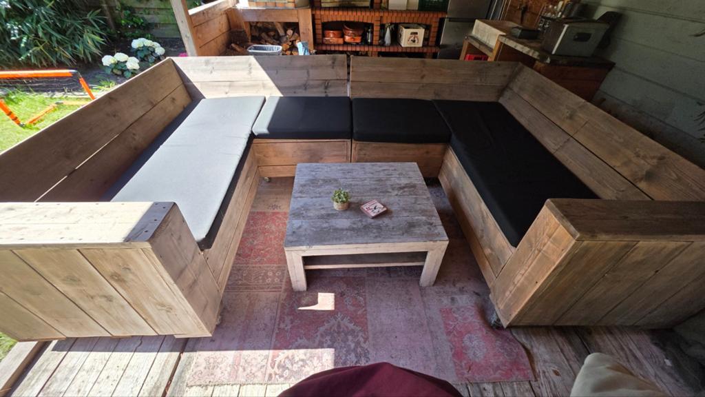 Steigerhouten loungeset met kussens, Ophalen, 5 zitplaatsen, Gebruikt, Steigerhout