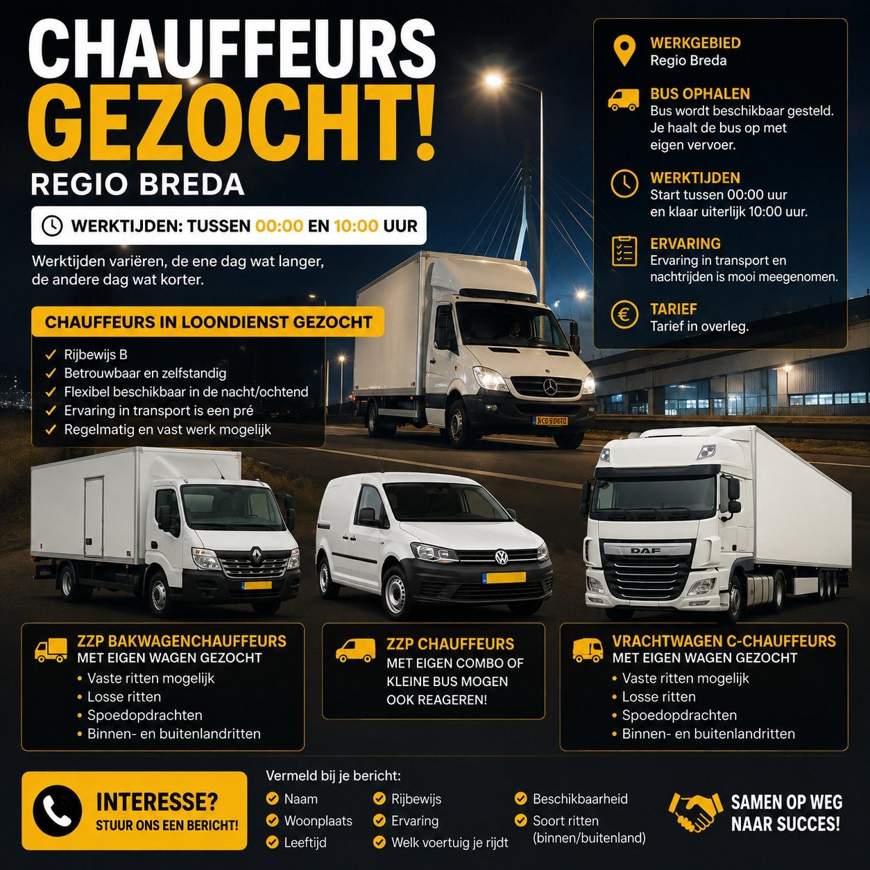 Chauffeurs Gezocht Regio Breda | Nachtwerk + Eigen Bus/Bakw, 33 - 40 uur, Overige niveaus, Freelance of Uitzendbasis