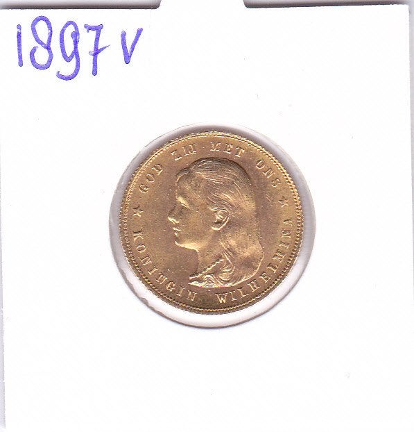 Mooi gouden tientje 1897 met vaste parels voor 749 euro, Koningin Wilhelmina, Losse munt, 10 gulden, Goud