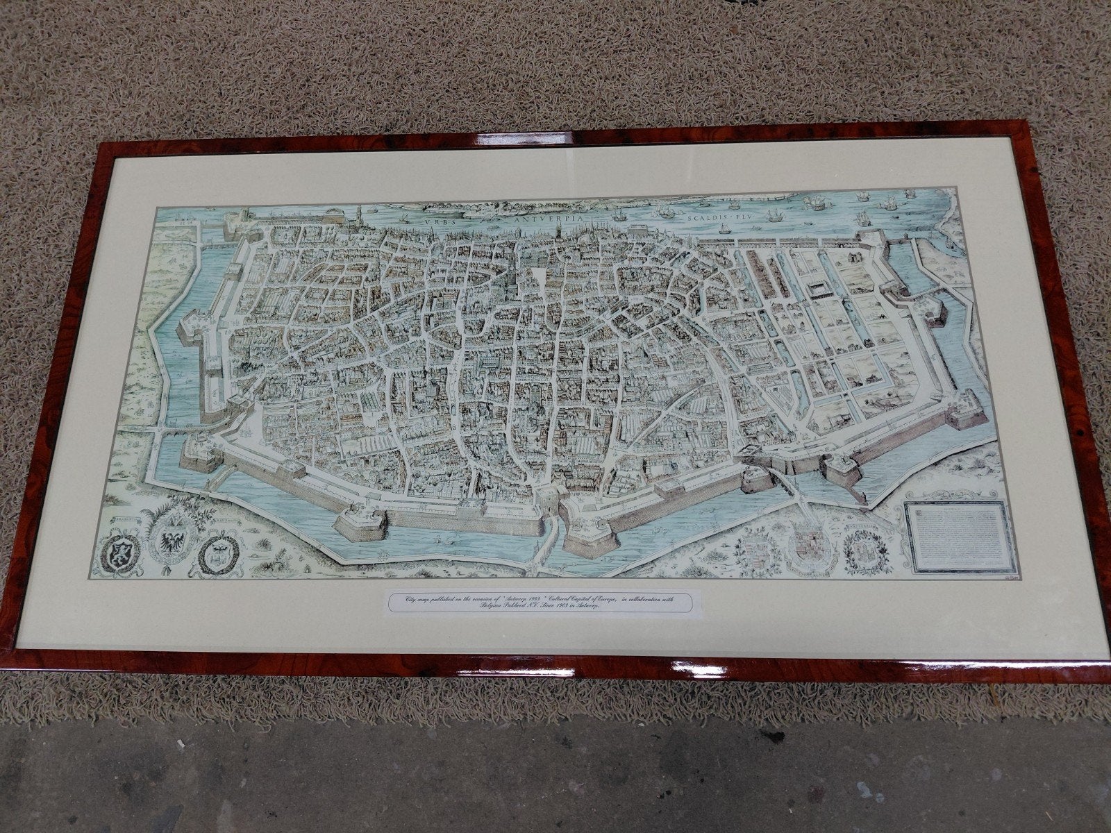 Grote ingelijste kaart van Antwerpen, 104 x 58 cm, Ophalen, 58 cm, 104 cm, Cartografie