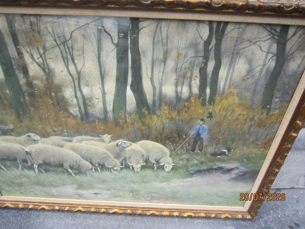 Mooi schilderij Haagseschool Schaapskudde v PPSCHIEDGES, Antiek en Kunst, Ophalen, Expressionistisch, Achter glas, Dieren