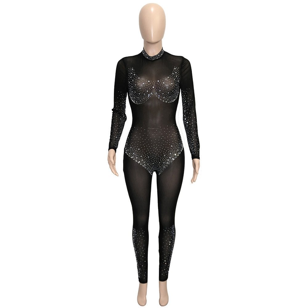 Dames catsuit 35 / bodysuit zwarte glitter doorzichtig feest, Verzenden, Maat 46/48 (XL) of groter, Nieuw, Overige thema's