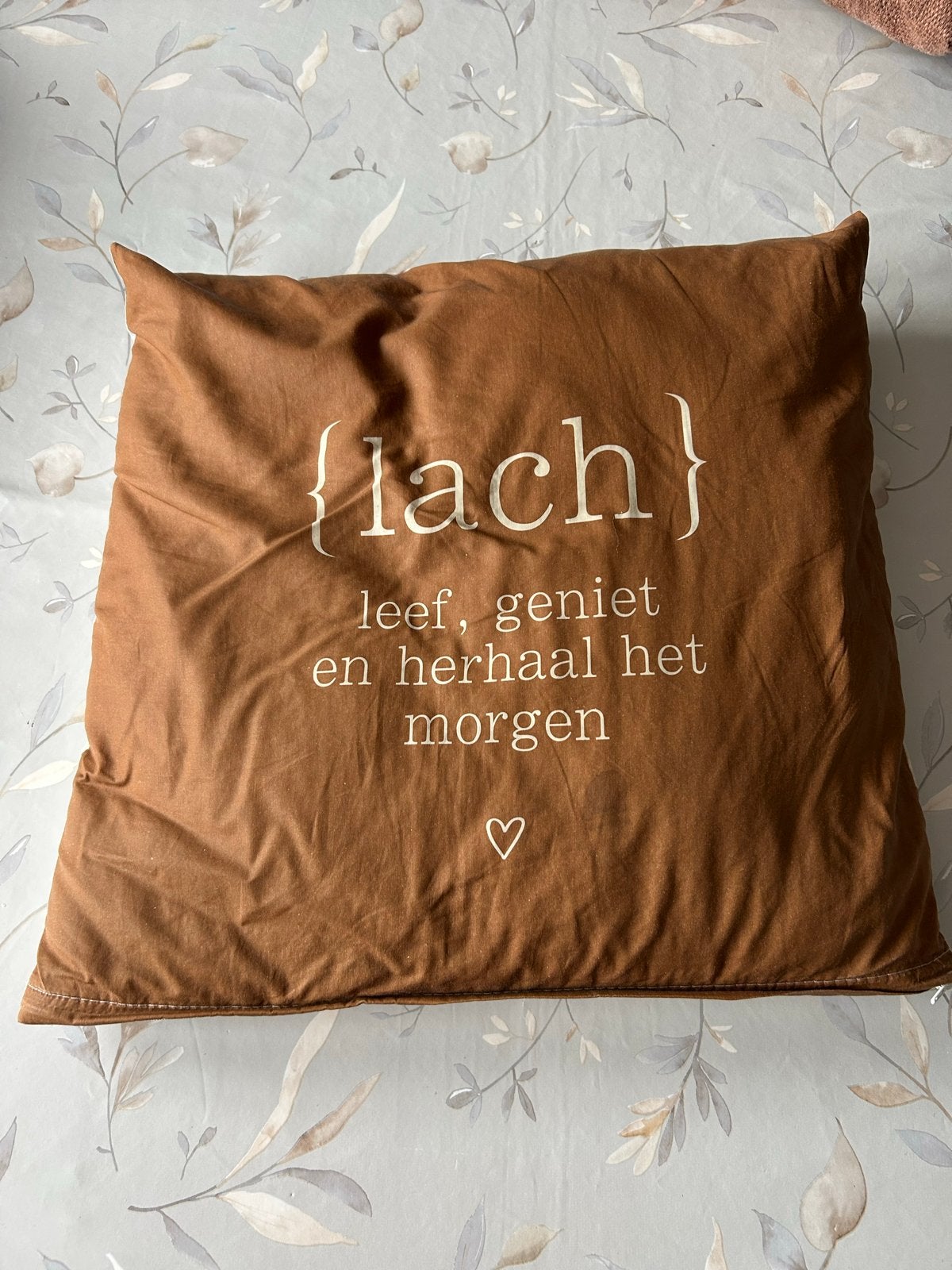 Sierkussen 40x40cm met inspirerende tekst, Ophalen, Gebruikt, Bruin, Met print