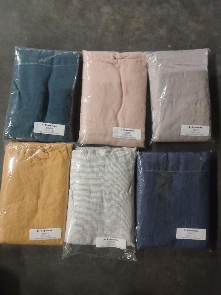 2 Linnen slopen 50 X 70 blauw oker creme zalm  NIEUW, Eenpersoons, Beige, Nieuw, Ophalen of Verzenden