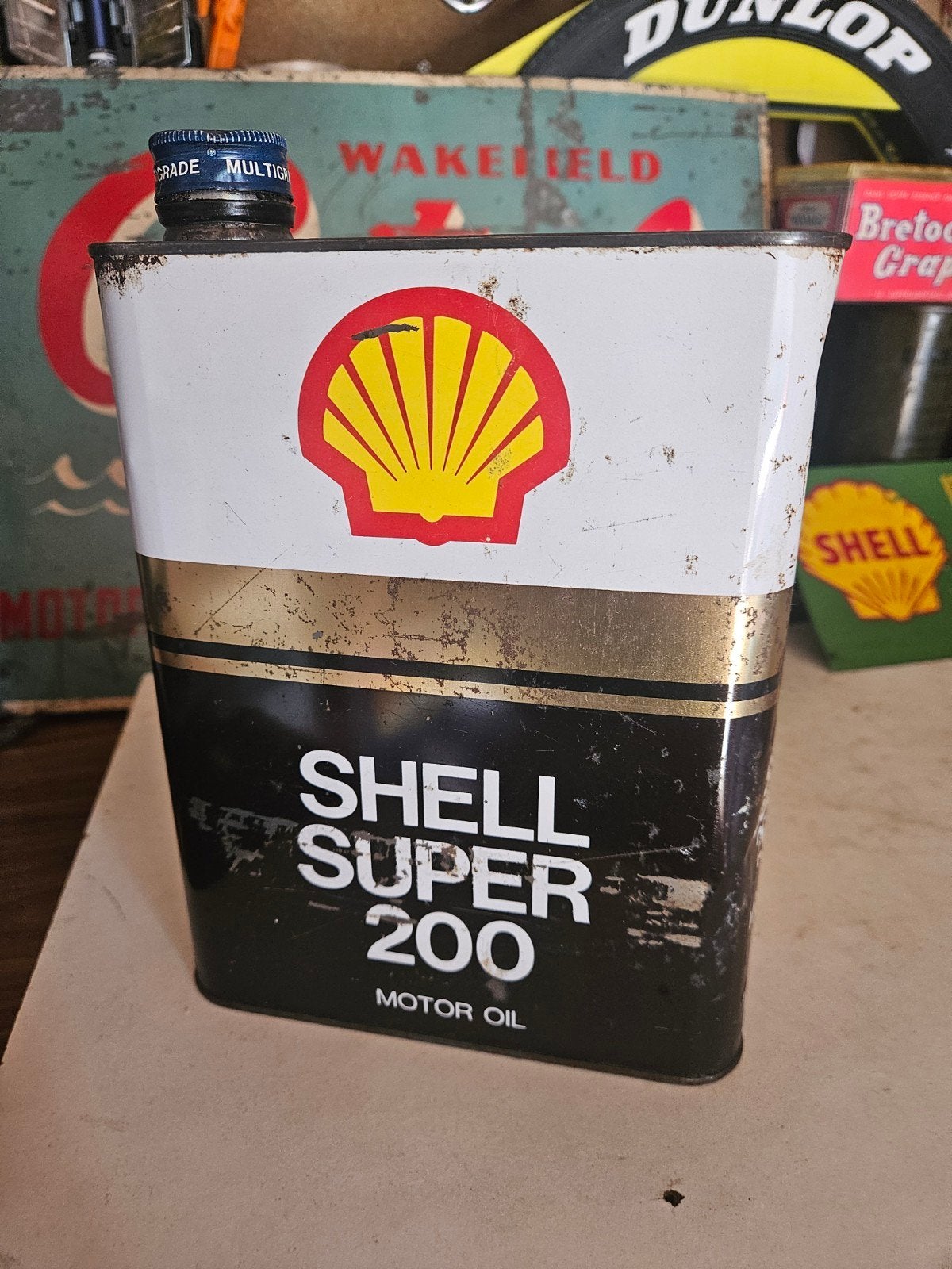 Vintage Shell Super 200 Motorolie Blik - 2 Liter, Verzamelen, Blikken, Ophalen of Verzenden, Gebruikt