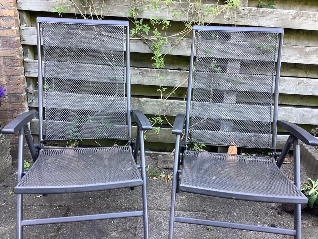 2 metalen tuinstoelen Royal Garden., Ophalen, Gebruikt, Metaal, Inklapbaar