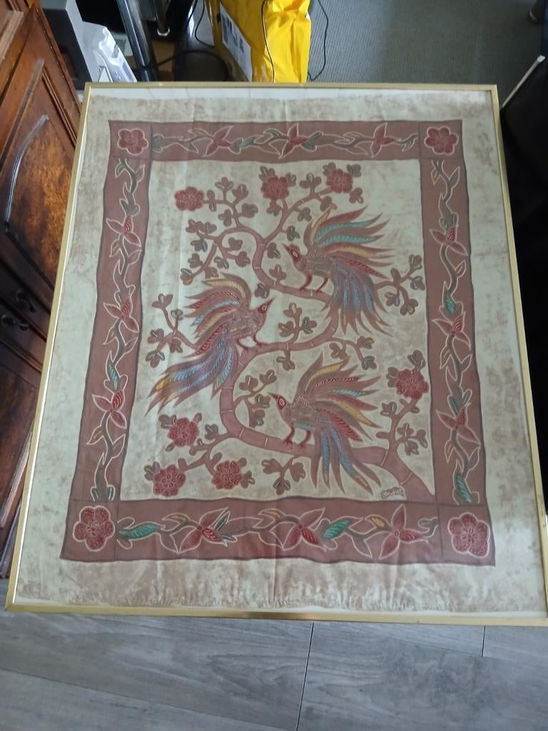 Vintage Batik kleed met vogels en bloemen, Gebruikt, Overige typen, Ophalen of Verzenden, 75 tot 100 cm