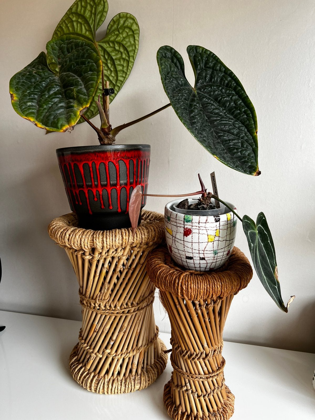 2 Vintage Rotan Touwkrukjes Plantentafeltje Boho Ibiza Style, Ophalen of Verzenden, Zo goed als nieuw, Hout