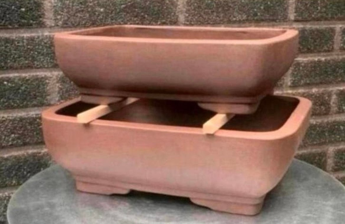Bonsai schalen set bruin ongeglazuurd gemerkt aardewerk., Nieuw, Ophalen of Verzenden, Aardewerk, Rechthoekig