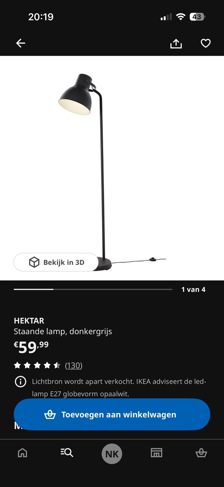 Hektar ikea sta lamp, Huis en Inrichting, Lampen | Vloerlampen, Ophalen, Zo goed als nieuw, 150 tot 200 cm