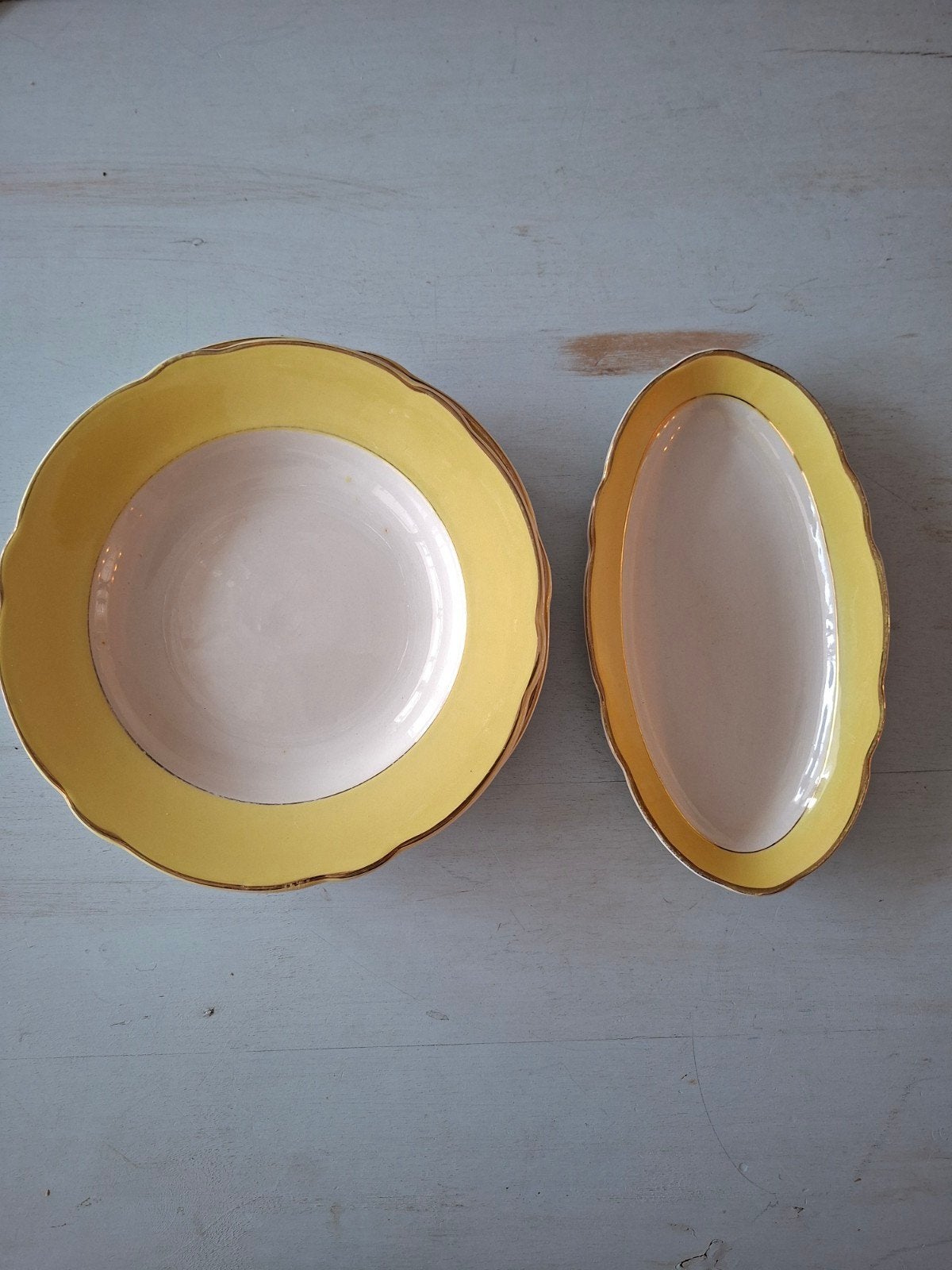 Luneville Jonquille  5 diepe borden + schaaltje, Antiek en Kunst, Antiek | Servies los, Ophalen of Verzenden