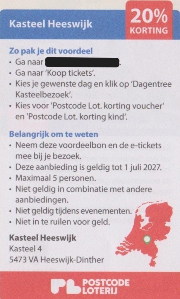 Kasteel Heeswijk. 20% korting. Postcodeloterij voordeelbon., Tickets en Kaartjes, Drie personen of meer, Kortingskaart