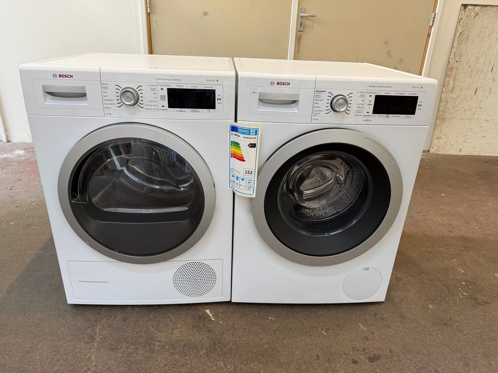 Bosch Serie 8 Was- en Droogset 9kg XXL + Warmtepompdroger, Ophalen, 1200 tot 1600 toeren, 8 tot 10 kg, Zo goed als nieuw