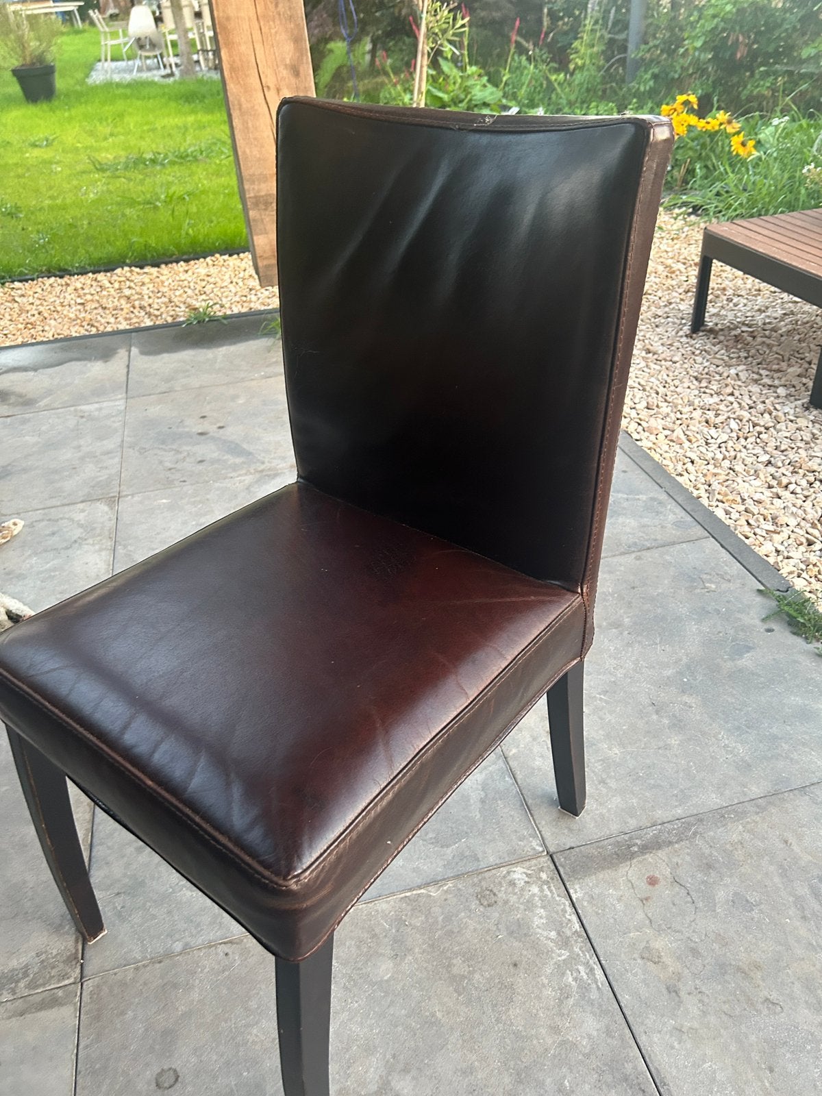 Gratis 6 leren stoelen, Huis en Inrichting, Stoelen, Ophalen, Gebruikt, Bruin, Leer