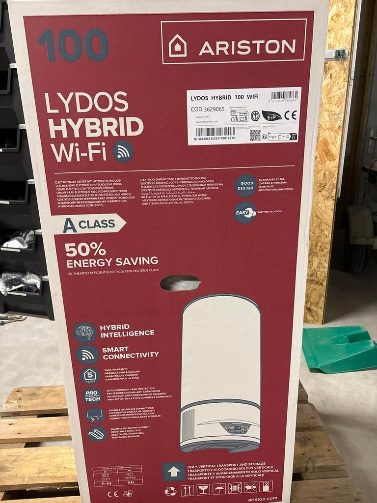 Nieuwe Ariston Lydos Hybrid 100L Boiler met Wi-Fi en factuur, Ophalen, 100 liter of meer, Boiler, Minder dan 3 jaar oud