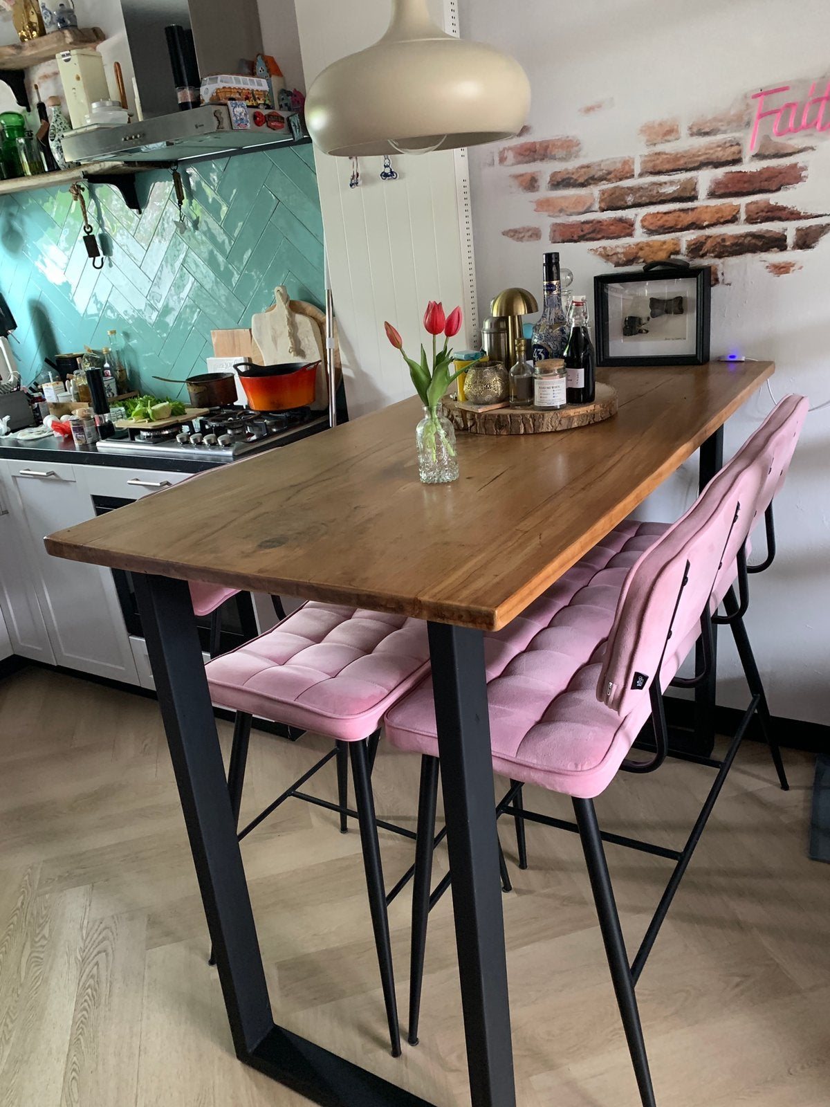 Eettafel / bartafel met bankje en 2 stoelen, teak & metaal, Ophalen, Zo goed als nieuw