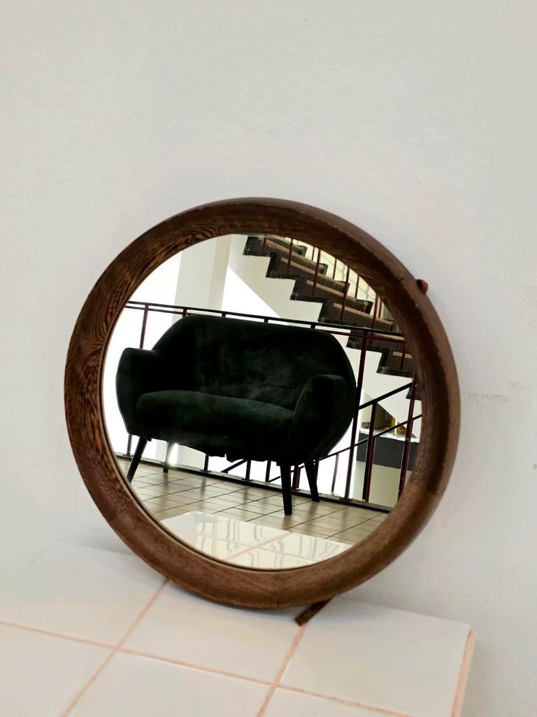 Vintage 50s Scandinavian Round Wenge Wood Mirror  - Spiegels, Ophalen of Verzenden, Rond, Minder dan 50 cm, Minder dan 100 cm
