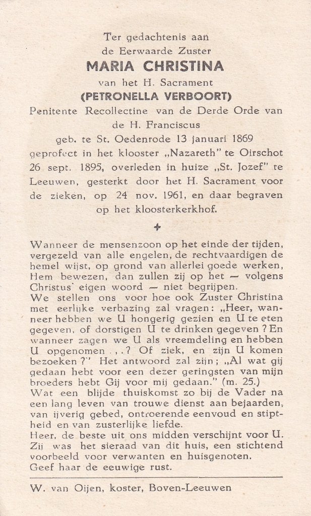 Verboort Petronella 1869 St Oedenrode 1961 Leeuwen  zuster, Verzamelen, Bidprentjes en Rouwkaarten, Ophalen of Verzenden, Bidprentje