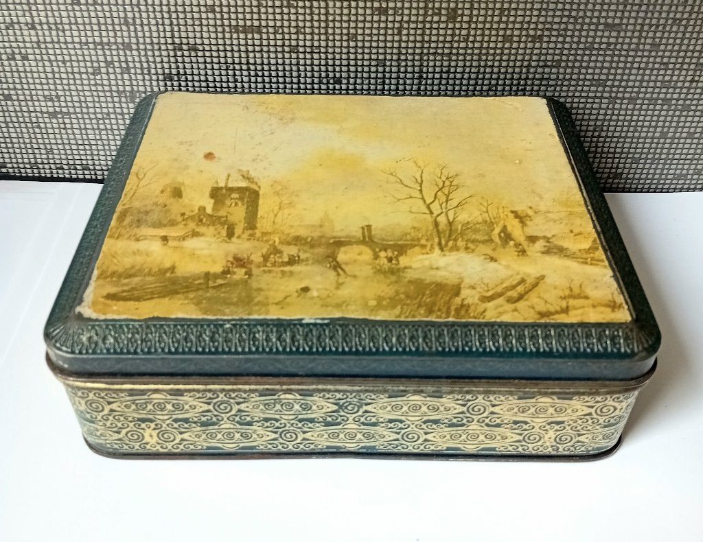 vintage blik met winter, schaatsende kinderen, Verzamelen, Blikken, Verzenden, Gebruikt, Overige