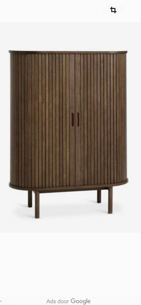 Donker gelakt eiken kastje tambour schuifdeuren, Ophalen, Zo goed als nieuw, Minder dan 150 cm, Minder dan 100 cm