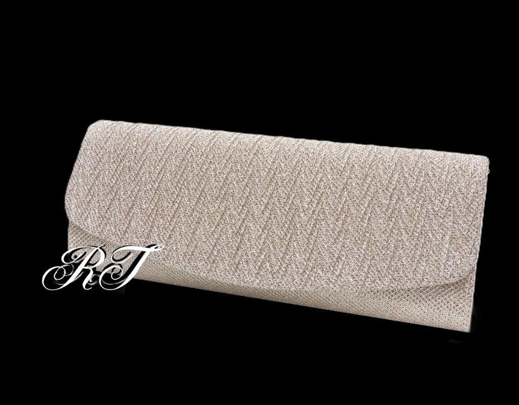 Sprankelende elegante champagne bruidstasje met ribben stof., Ophalen of Verzenden, Zo goed als nieuw, Overige kleuren, Schoudertasje