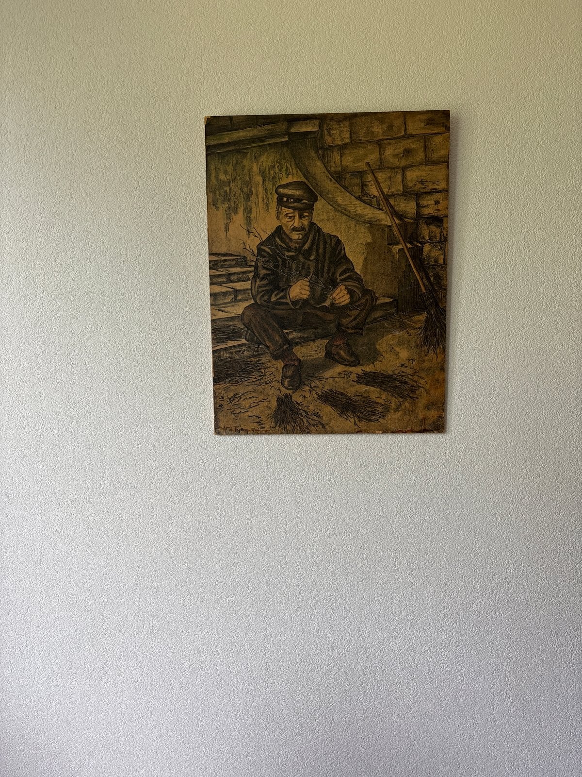 Tekening oude man maakt bezems (Parijs), Antiek en Kunst, Ophalen, Tekening, Gemengde techniek, Gesigneerd