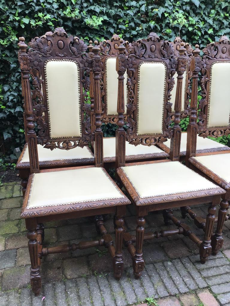 6 Antieke Mechelse Eetkamerstoelen - Hout & Crème Bekleding, Ophalen