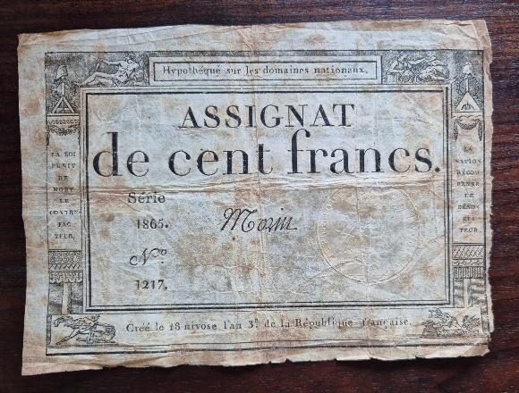 Franse revolutie origine bankbiljet assignat 100 francs 1795, Voor 1940, Overige onderwerpen, Ophalen, Gelezen