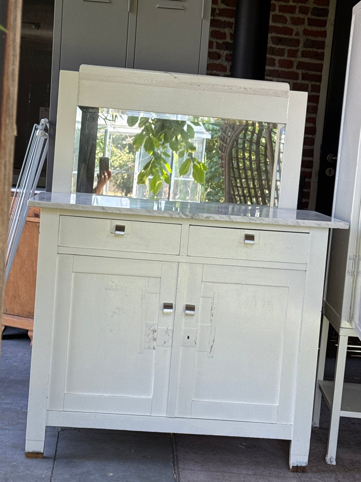 Vintage wit dressoir met marmeren blad en spiegel, Ophalen
