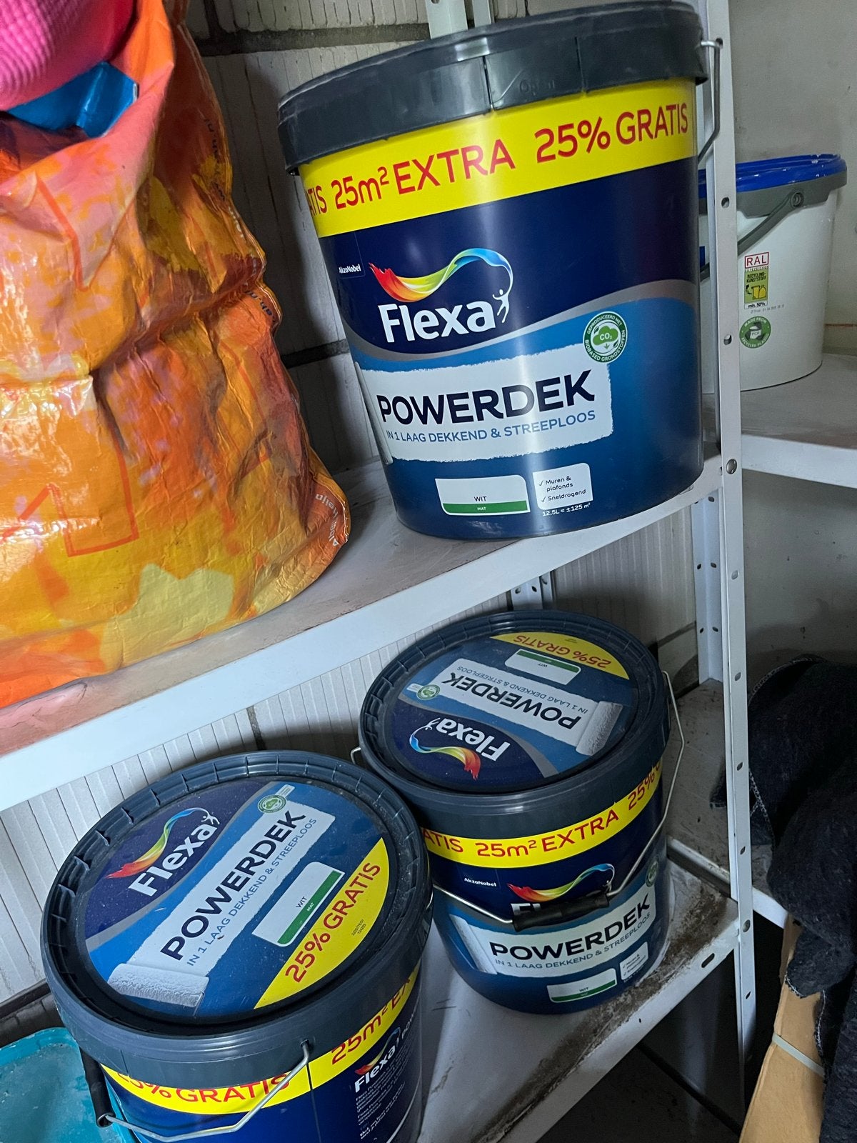 3 Emmers nieuwe Flexa Powerdek Muurverf Wit 3x 12.5L, Doe-het-zelf en Verbouw, Verf, Beits en Lak, Ophalen, Wit, Nieuw, Verf