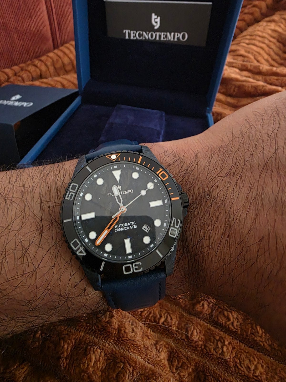 Tecnotempo Automatic Forged Carbon Blauw Herenhorloge 200m, Overige merken, Overige materialen, Leer, Polshorloge