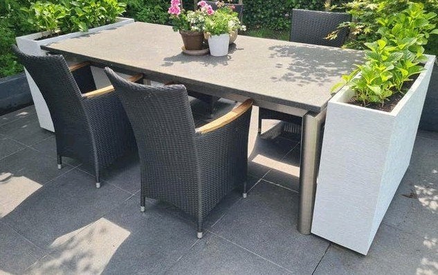 Granieten tuintafel met RVS frame en 4 stoelen, Ophalen, 4 zitplaatsen, Gebruikt, Rvs