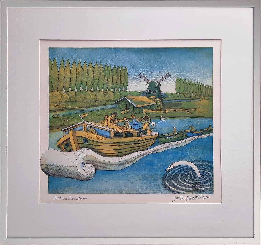 Feestschip 73/100 - Kunstenaar: Rob Clous, Antiek en Kunst, Ingelijst, Ophalen of Verzenden, 1950 - 1999, 55 cm