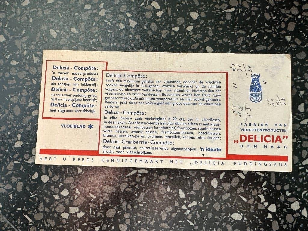 Vloeiblad Delicia Vruchtenprducten Den Haag. Vooroorlogs., Ophalen of Verzenden, Gebruikt, Gebruiksvoorwerp