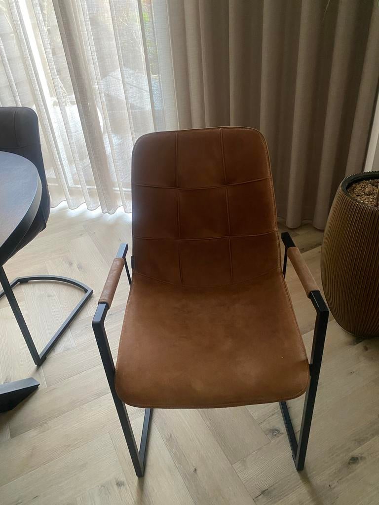 8 stoelen met zwart stalen frame, groen, cognac en antraciet, Huis en Inrichting, Stoelen, Ophalen, Gebruikt, Overige kleuren