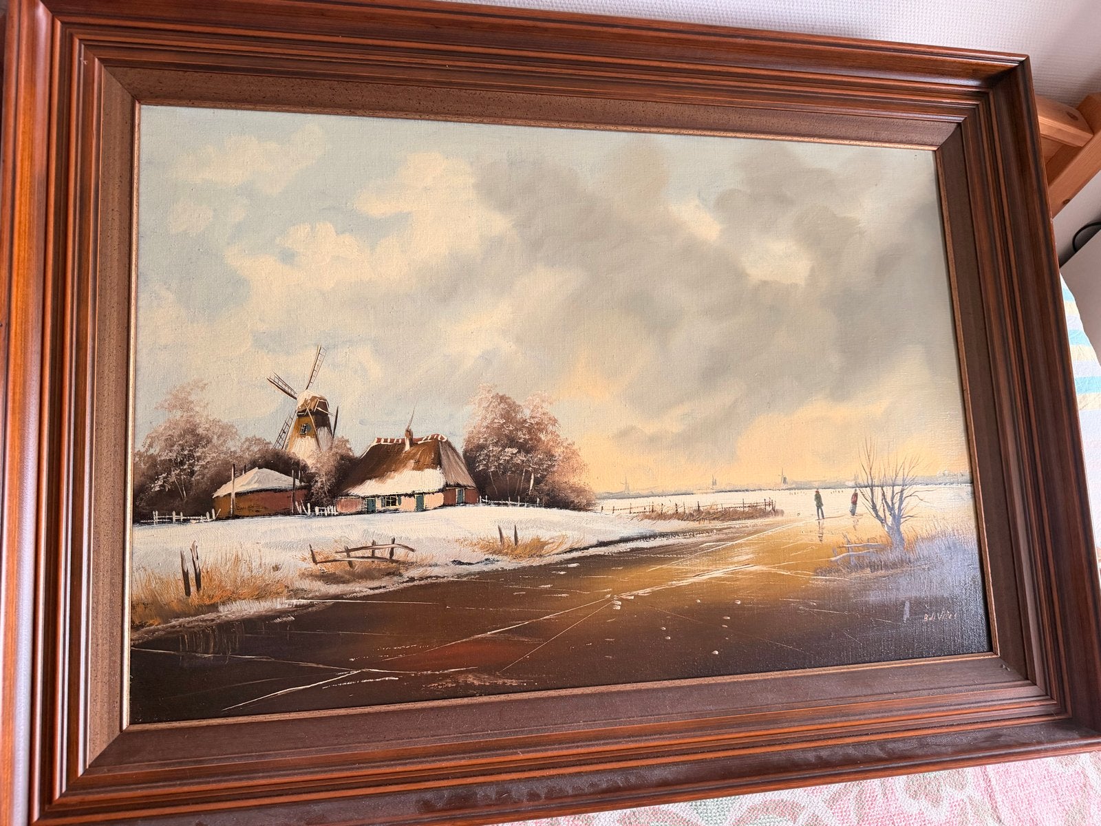 Bartha de Vries - Winterlandschap met molen, Ophalen, Doek, Realistisch, Gesigneerd